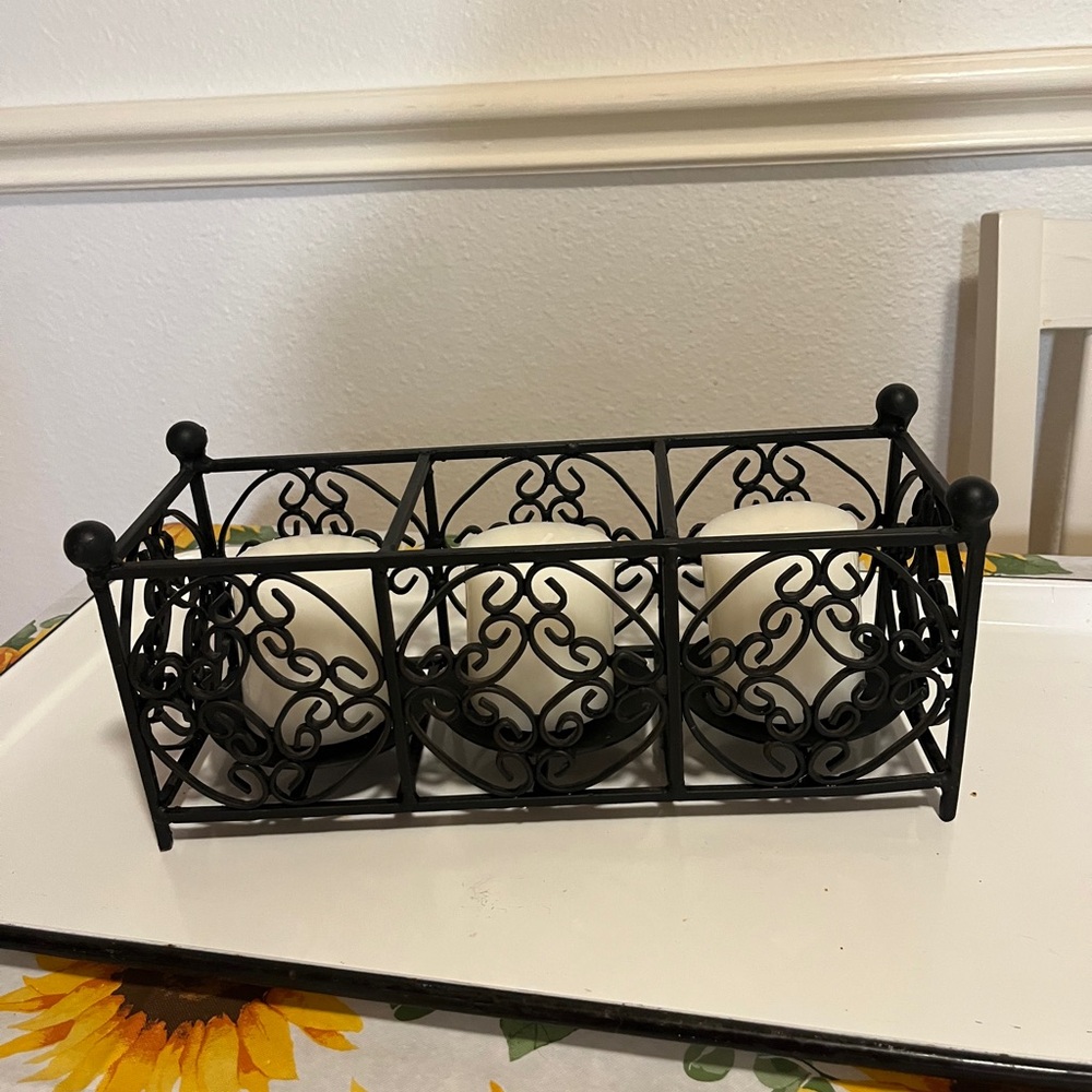 Black Wrought Iron Scrollwork Candle Holder For 3 Pillar Candles